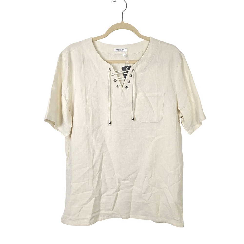 COOFANDY Mens Lace Up Short Sleeve Linen Blend Shirt Beige Cream Small NWT
